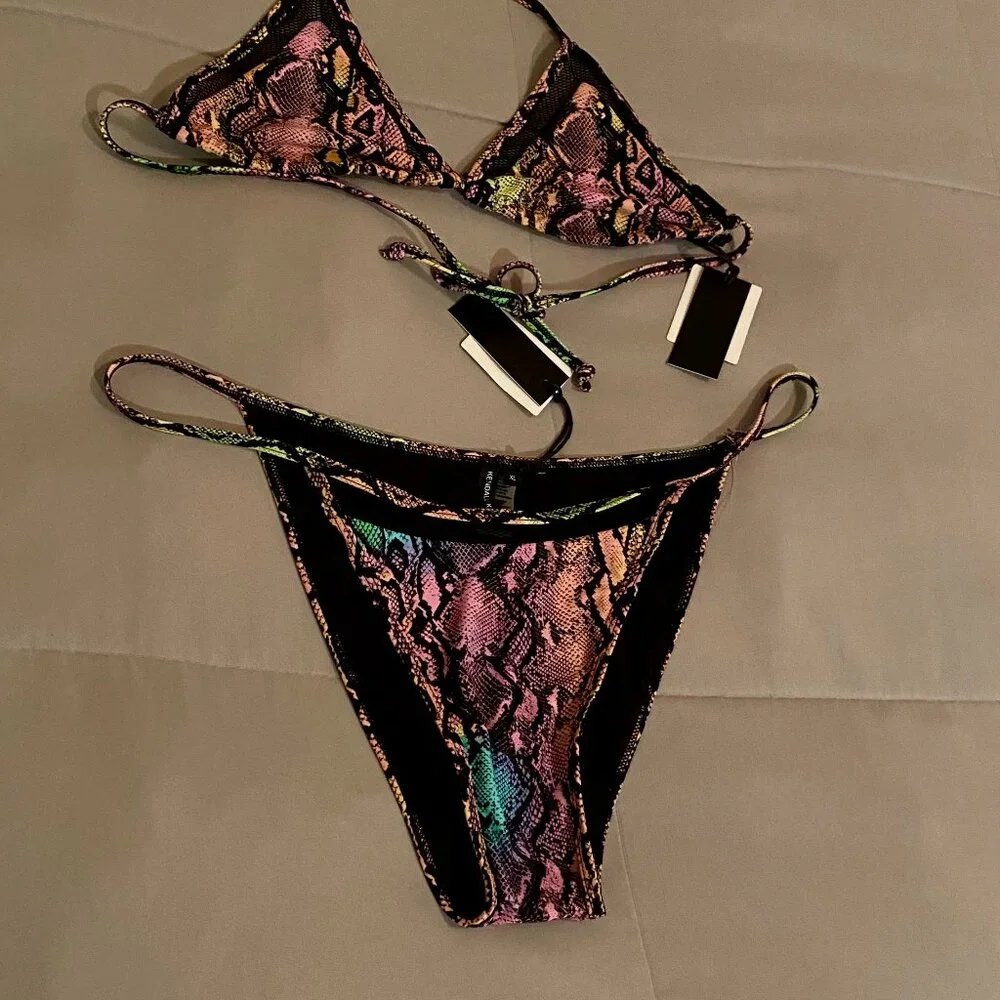 Kendall & Kylie Women's Mesh Trim Tie Dye Snake Triangle Bikini Set Size XL - Picture 4 of 5